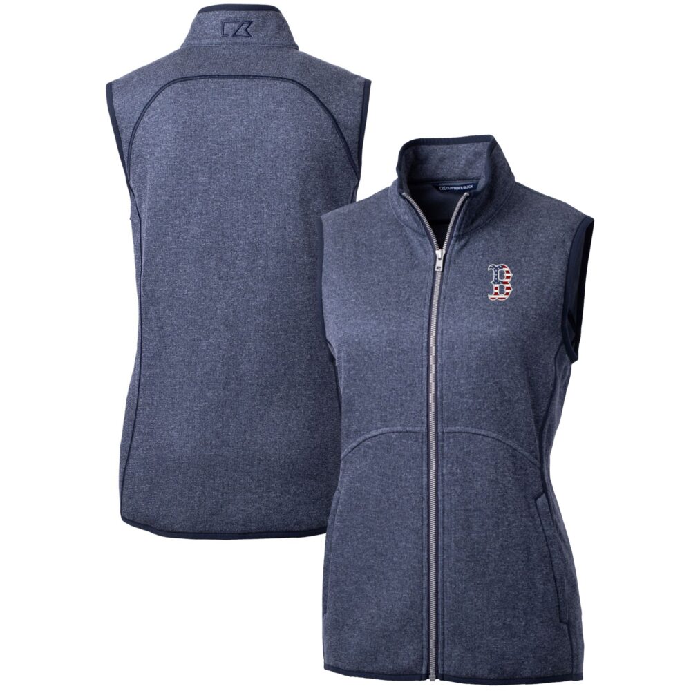 Women's Boston Red Sox Cutter & Buck Heather Navy Americana Logo Mainsail Sweater-Knit Full-Zip Vest