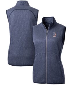 Women's Boston Red Sox Cutter & Buck Heather Navy Americana Logo Mainsail Sweater-Knit Full-Zip Vest