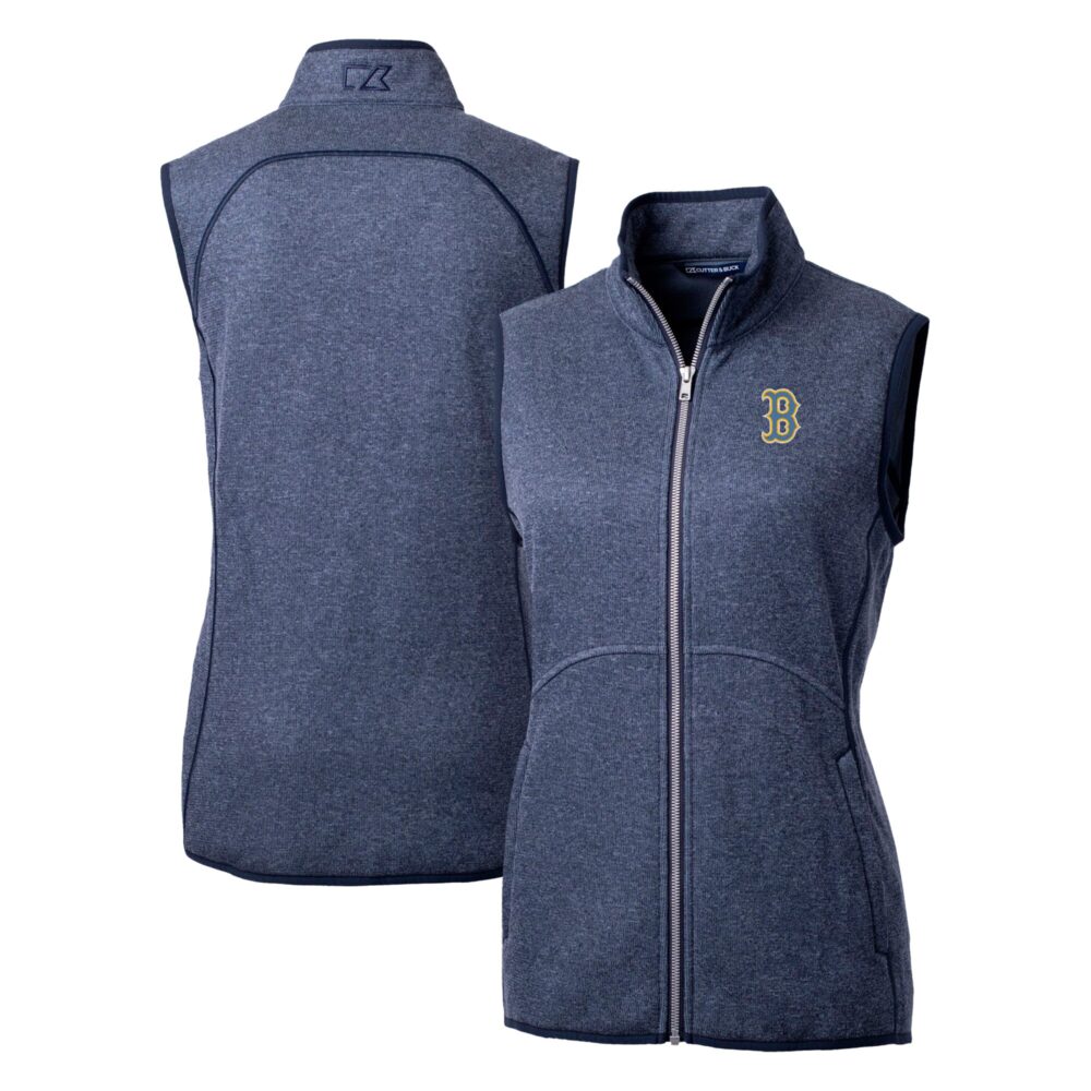 Women's Boston Red Sox  Cutter & Buck Heather Navy City Connect Mainsail Sweater Knit Full-Zip Vest