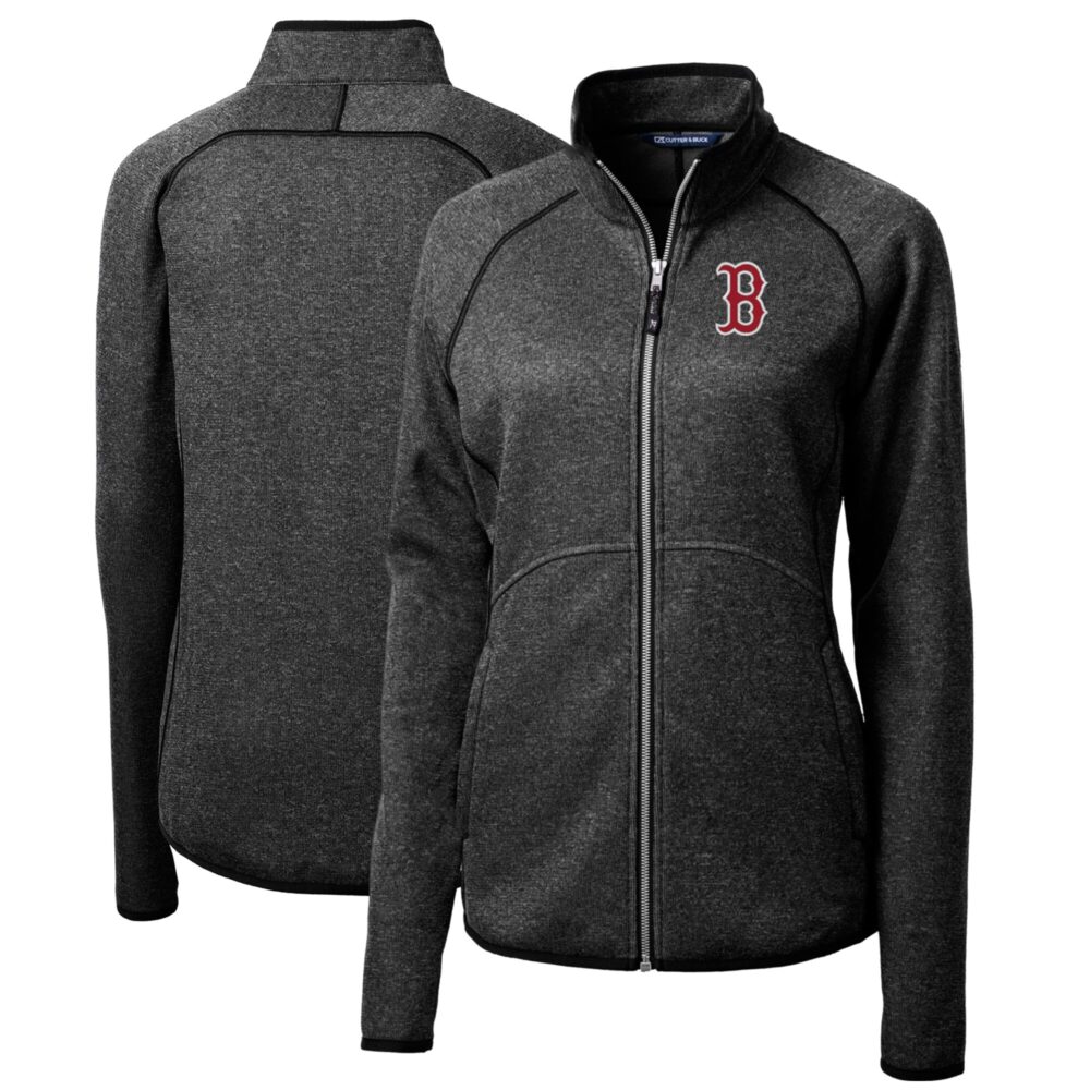 Women's Boston Red Sox Cutter & Buck Heathered Charcoal Mainsail Sweater-Knit Full-Zip Jacket
