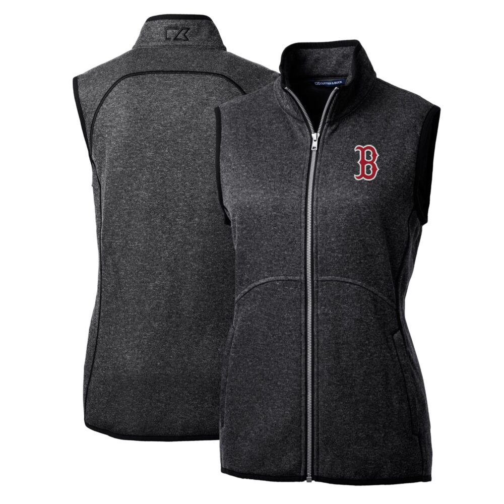 Women's Boston Red Sox Cutter & Buck Heathered Charcoal Mainsail Sweater-Knit Full-Zip Vest