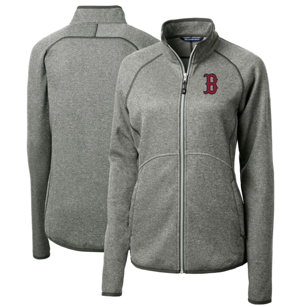 Women's Boston Red Sox Cutter & Buck Heathered Gray Mainsail Sweater-Knit Full-Zip Jacket