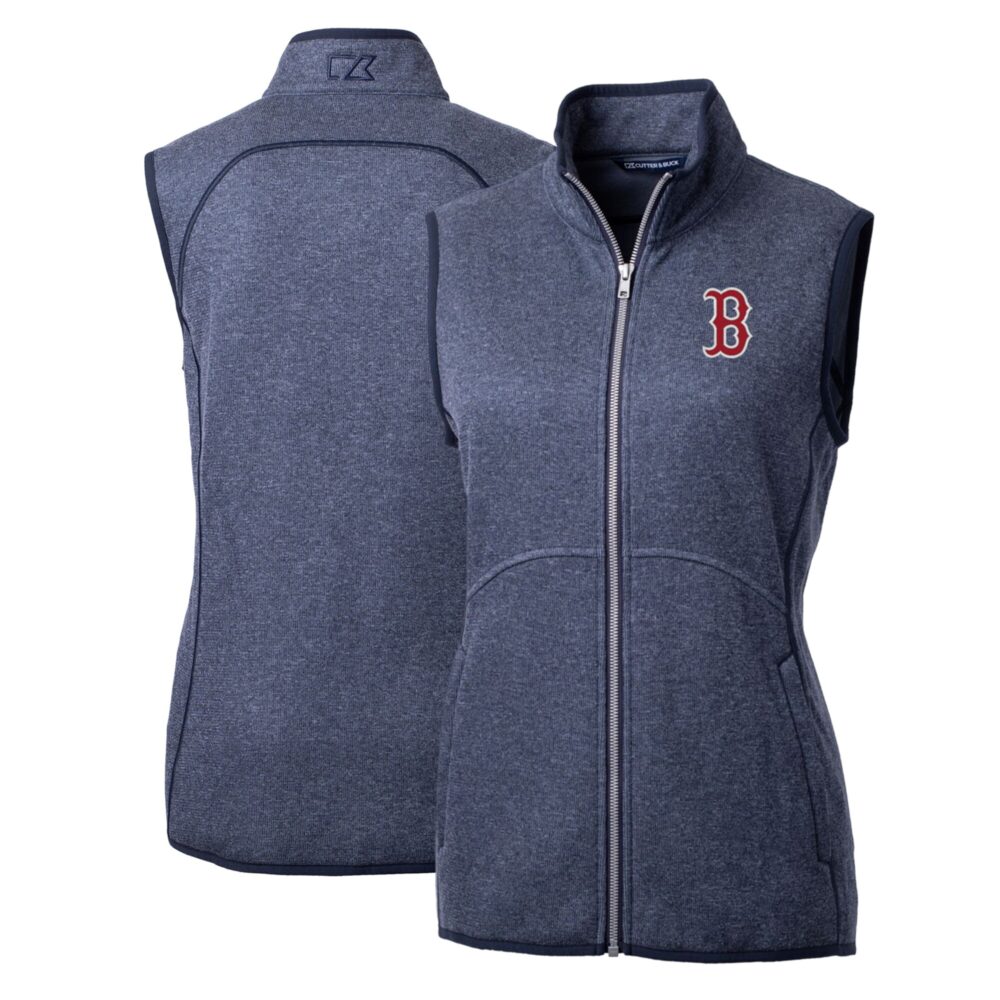 Women's Boston Red Sox Cutter & Buck Heathered Navy Mainsail Sweater-Knit Full-Zip Vest