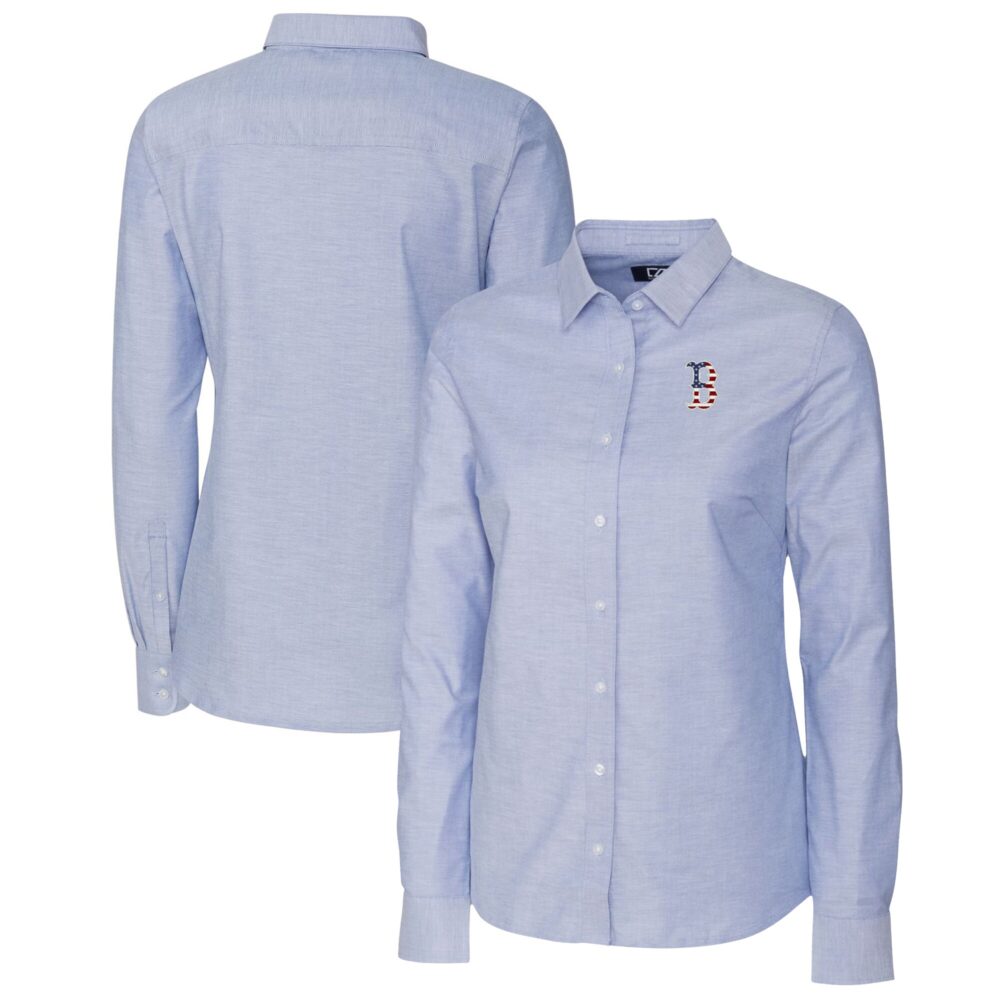 Women's Boston Red Sox Cutter & Buck Light Blue Americana Logo Oxford Stretch Long Sleeve Button-Up Shirt