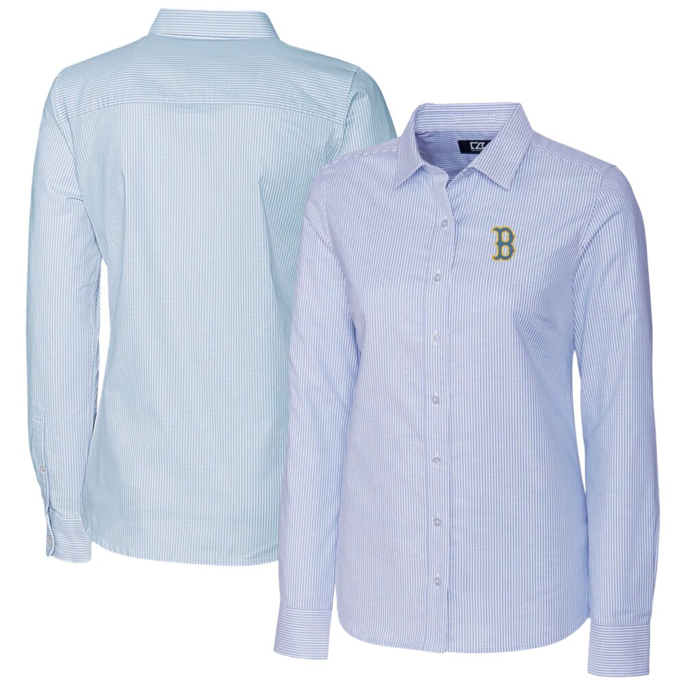 Women's Boston Red Sox Cutter & Buck Light Blue City Connect Oxford Stripe Stretch Dress Shirt