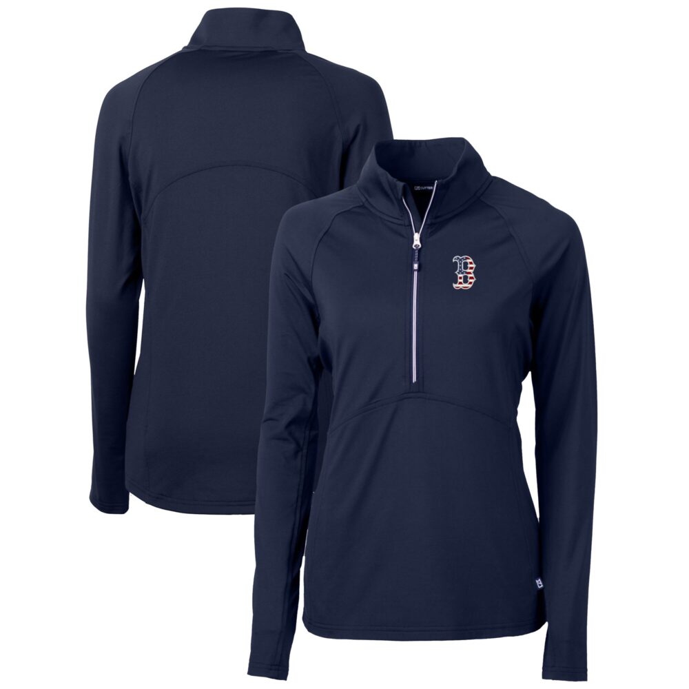Women's Boston Red Sox Cutter & Buck Navy Americana Logo Adapt Eco Knit Stretch Recycled Half-Zip Pullover Top