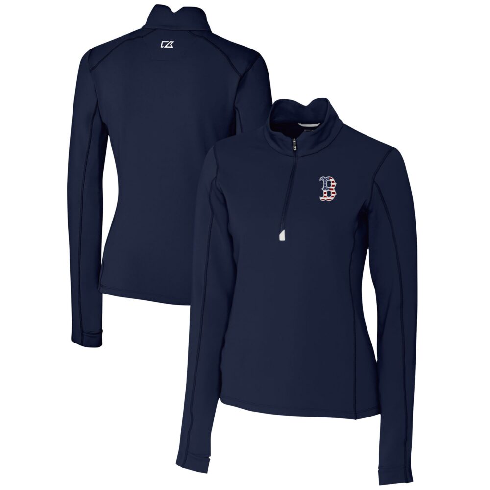 Women's Boston Red Sox Cutter & Buck Navy Americana Logo DryTec Traverse Stretch Quarter-Zip Pullover Top