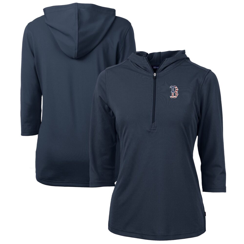 Women's Boston Red Sox Cutter & Buck Navy Americana Logo DryTec Virtue Eco Pique Recycled Half-Zip Pullover Hoodie