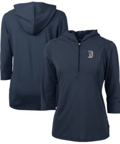 Women's Boston Red Sox Cutter & Buck Navy Americana Logo DryTec Virtue Eco Pique Recycled Half-Zip Pullover Hoodie