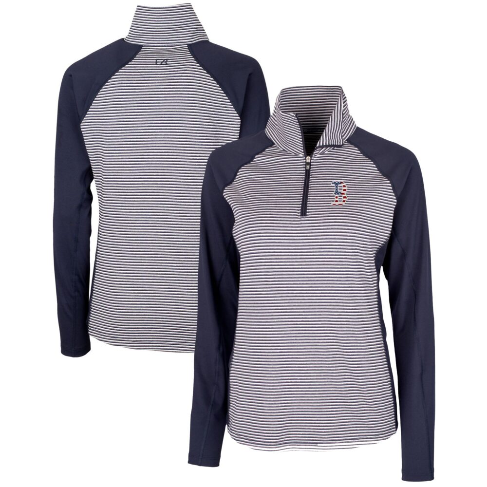Women's Boston Red Sox Cutter & Buck Navy Americana Logo Forge Tonal Stripe Stretch Half-Zip Pullover Top