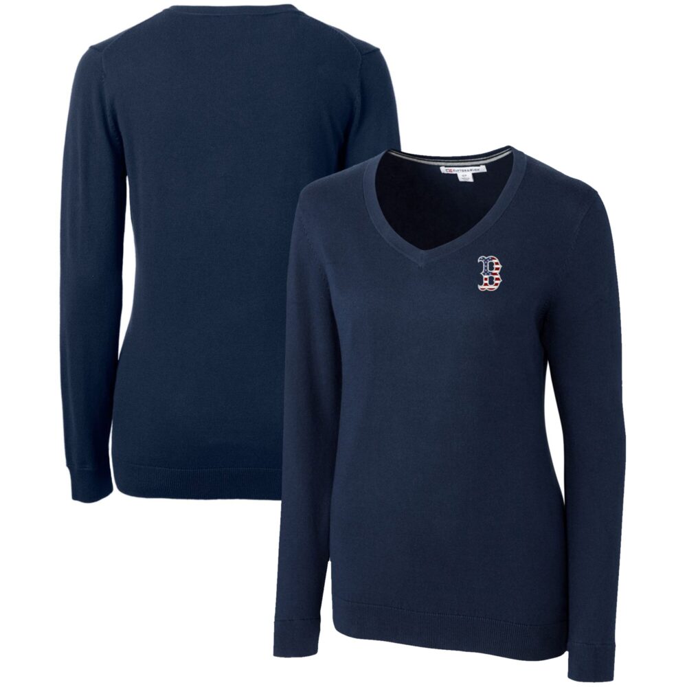 Women's Boston Red Sox Cutter & Buck Navy Americana Logo Lakemont Tri-Blend V-Neck Pullover Sweater