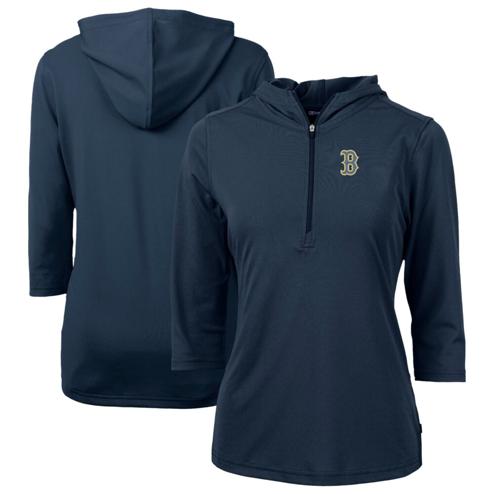 Women's Boston Red Sox Cutter & Buck Navy City Connect Virtue Eco Pique Recycled Half-Zip Pullover Hoodie