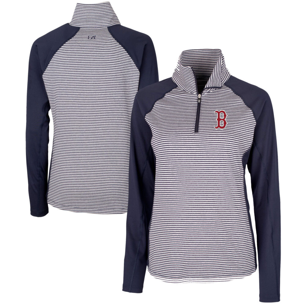 Women's Boston Red Sox  Cutter & Buck Navy DryTec Forge Tonal Stripe Half-Zip Top