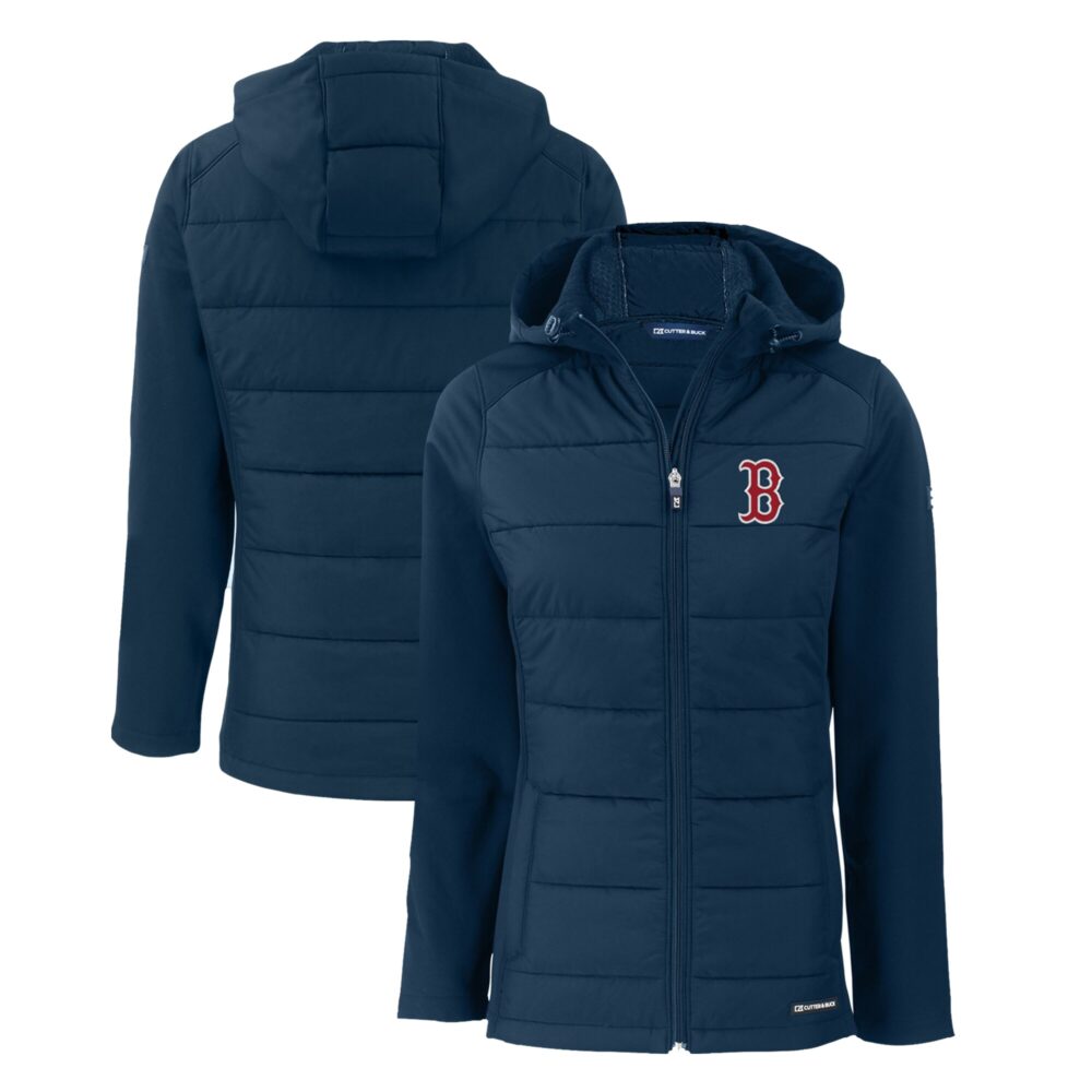Women's Boston Red Sox  Cutter & Buck Navy Evoke Hybrid Eco Softshell Recycled Full-Zip Hoodie Jacket