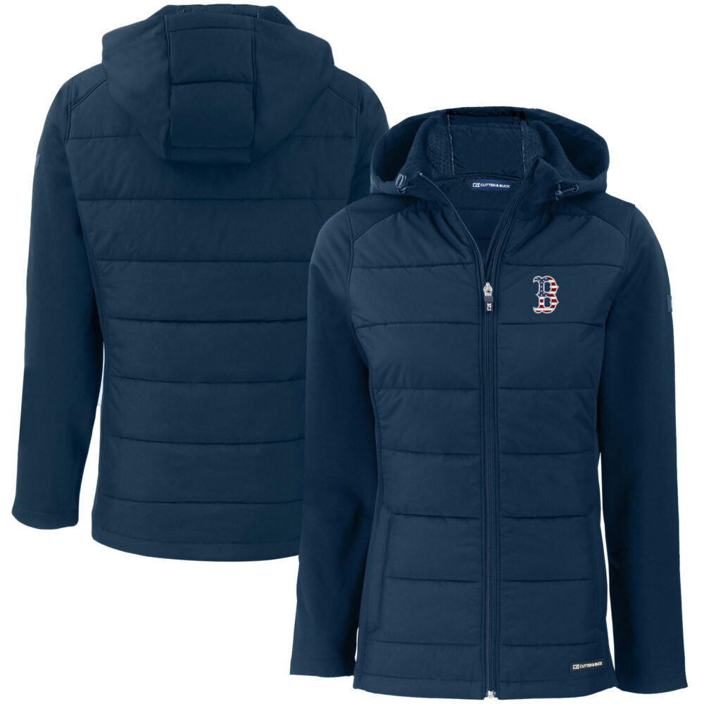 Women's Boston Red Sox  Cutter & Buck Navy Evoke Hybrid Eco Softshell Recycled Full-Zip Hoodie Jacket