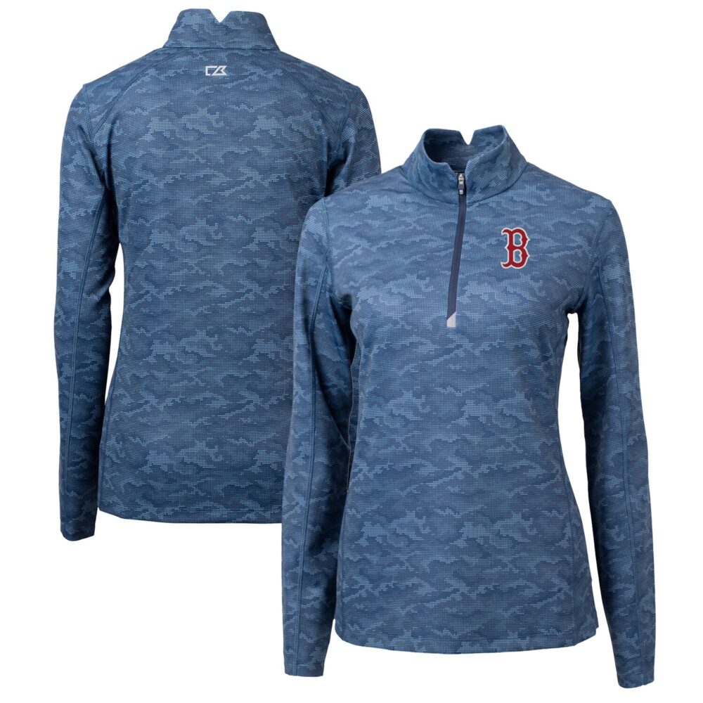 Women's Boston Red Sox Cutter & Buck Navy Traverse Camo Print Stretch Quarter-Zip Pullover Top