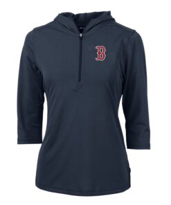 Women's Boston Red Sox Cutter & Buck Navy Virtue Eco Pique 3/4 Sleeve Half-Zip Pullover Hoodie