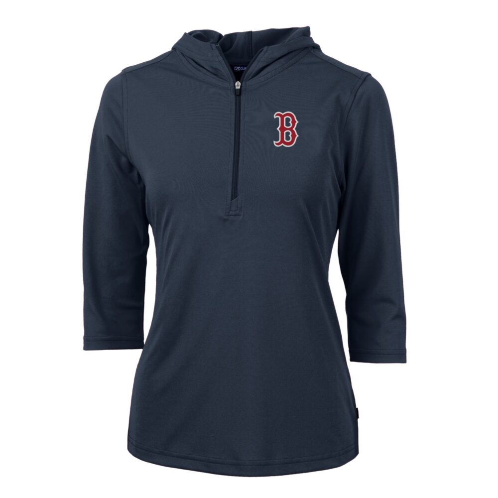 Women's Boston Red Sox Cutter & Buck Navy Virtue Eco Pique 3/4 Sleeve Half-Zip Pullover Hoodie
