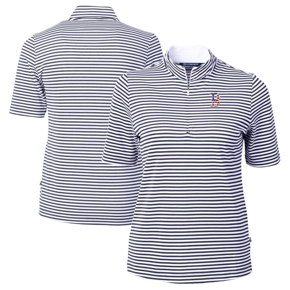 Women's Boston Red Sox Cutter & Buck Navy Virtue Eco Pique Stripe Recycled Quarter-Zip Pullover Top