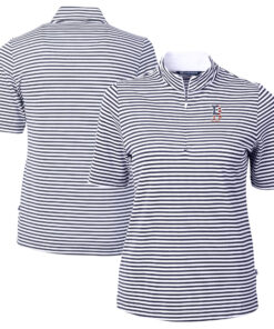Women's Boston Red Sox Cutter & Buck Navy Virtue Eco Pique Stripe Recycled Quarter-Zip Pullover Top