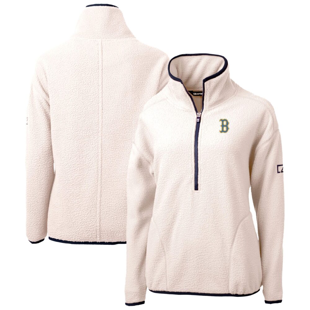 Women's Boston Red Sox Cutter & Buck Oatmeal City Connect Cascade Eco Sherpa Half-Zip Pullover Jacket