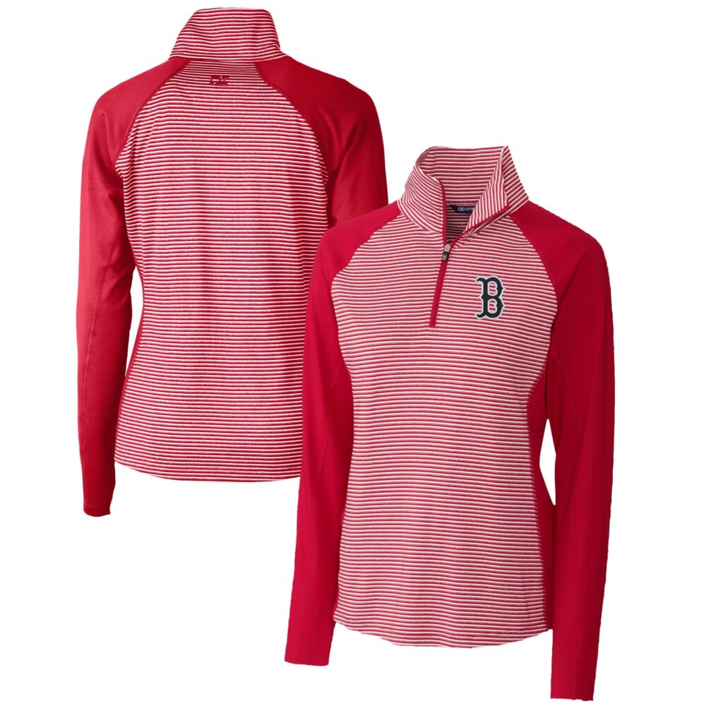 Women's Boston Red Sox  Cutter & Buck Red DryTec Forge Tonal Stripe Half-Zip Top