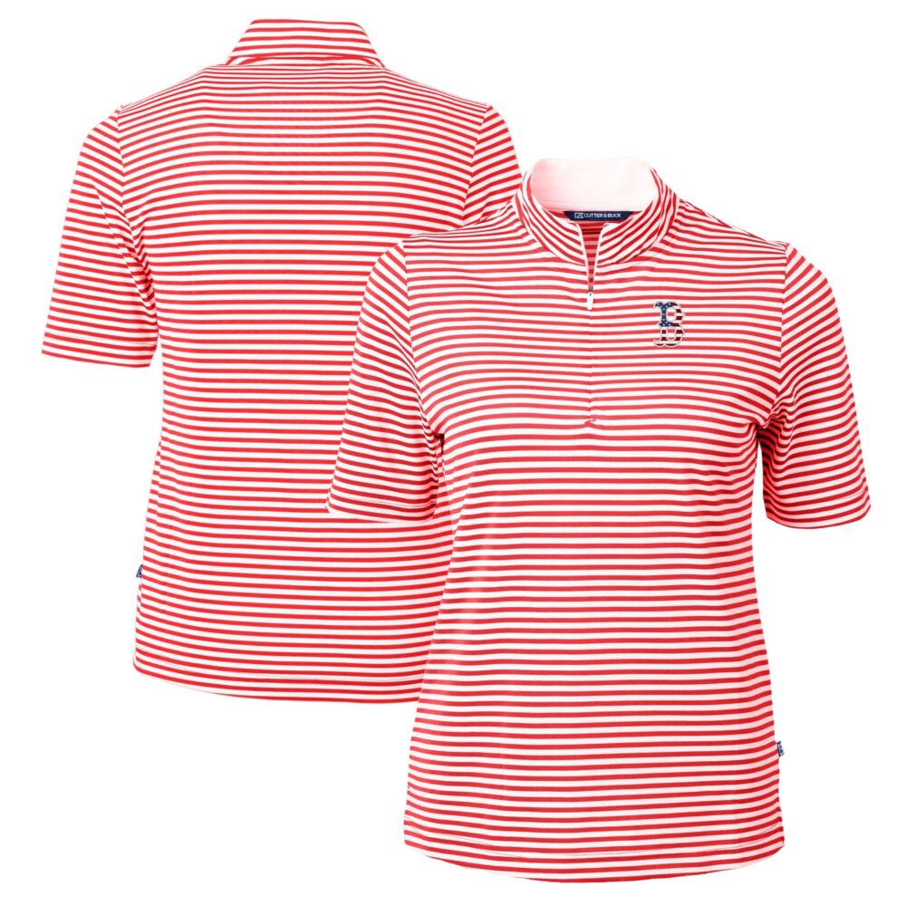 Women's Boston Red Sox Cutter & Buck Red Virtue Eco Pique Stripe Recycled Quarter-Zip Pullover Top