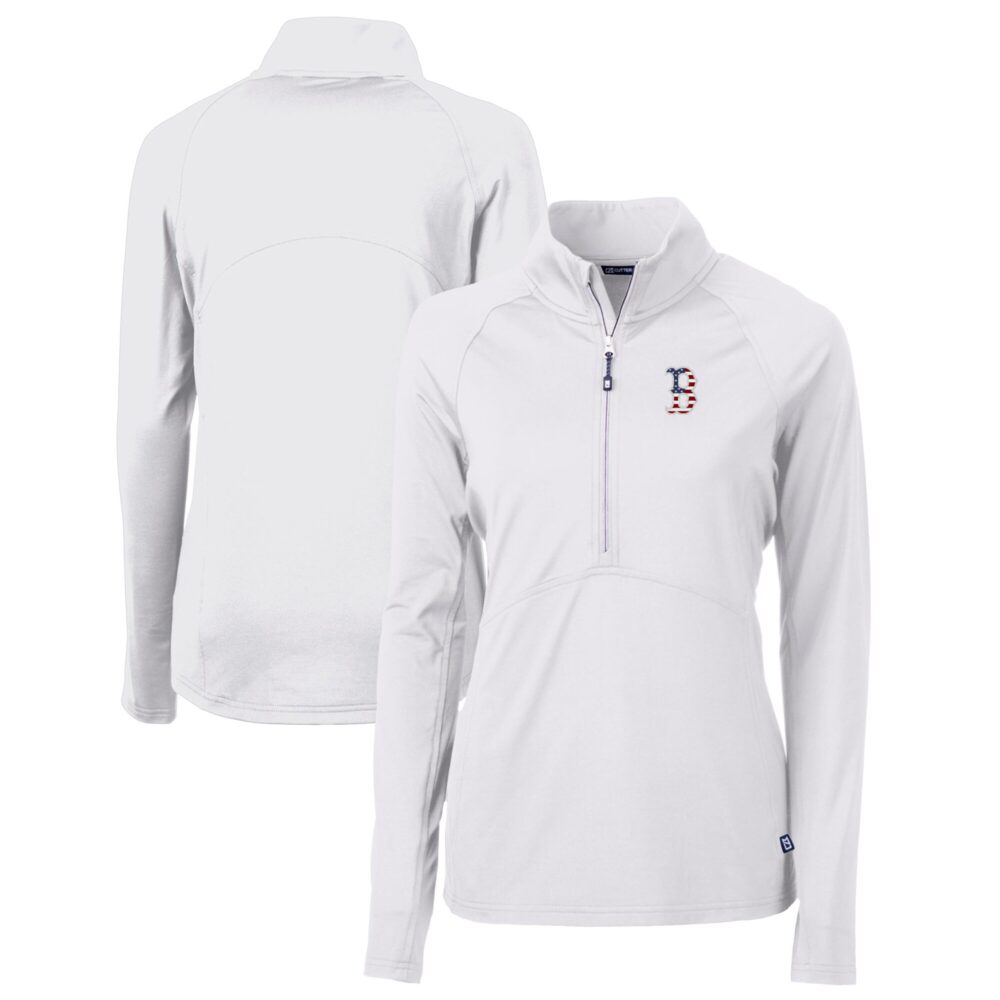 Women's Boston Red Sox Cutter & Buck White Americana Logo Adapt Eco Knit Stretch Recycled Half-Zip Pullover Top