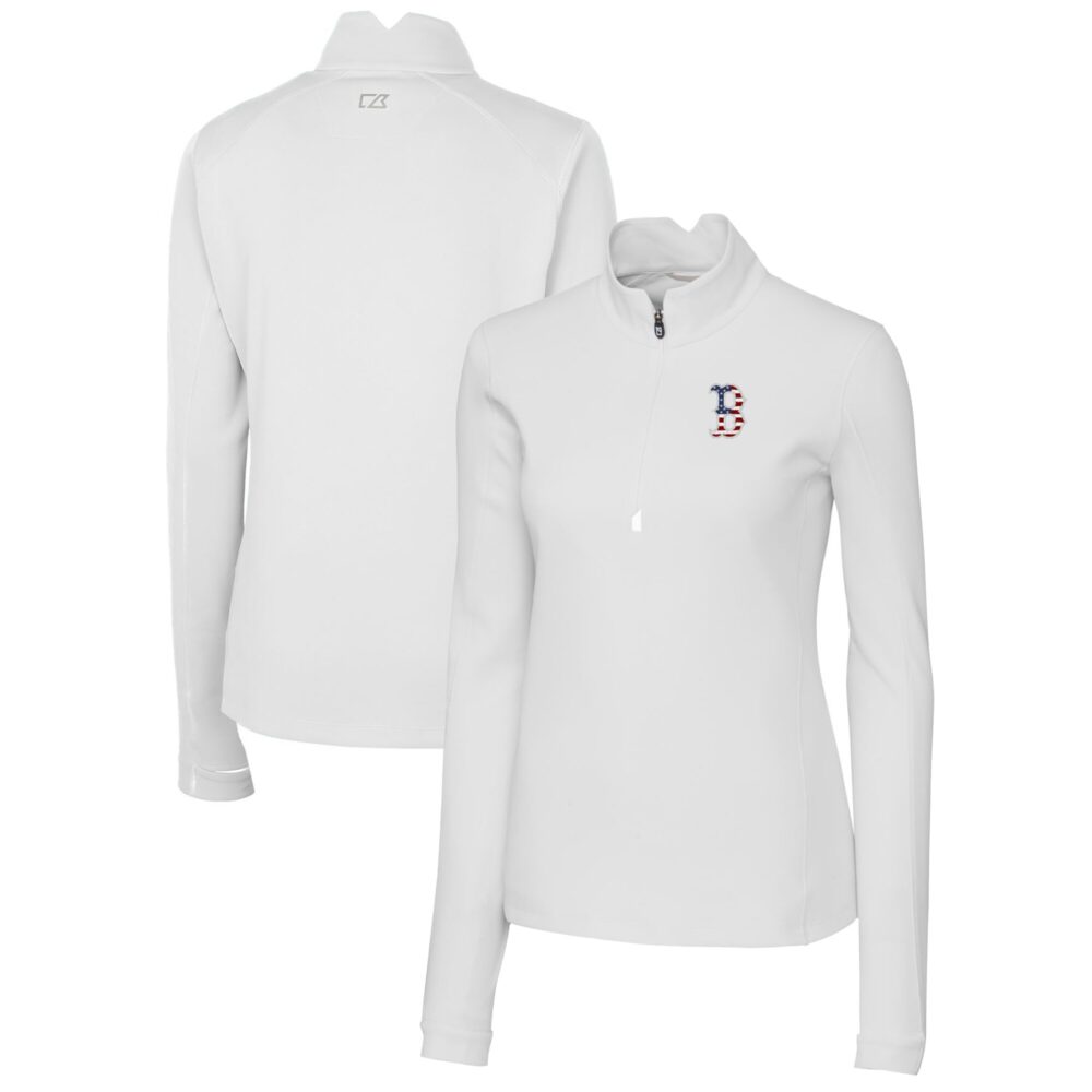 Women's Boston Red Sox Cutter & Buck White Americana Logo DryTec Traverse Stretch Quarter-Zip Pullover Top