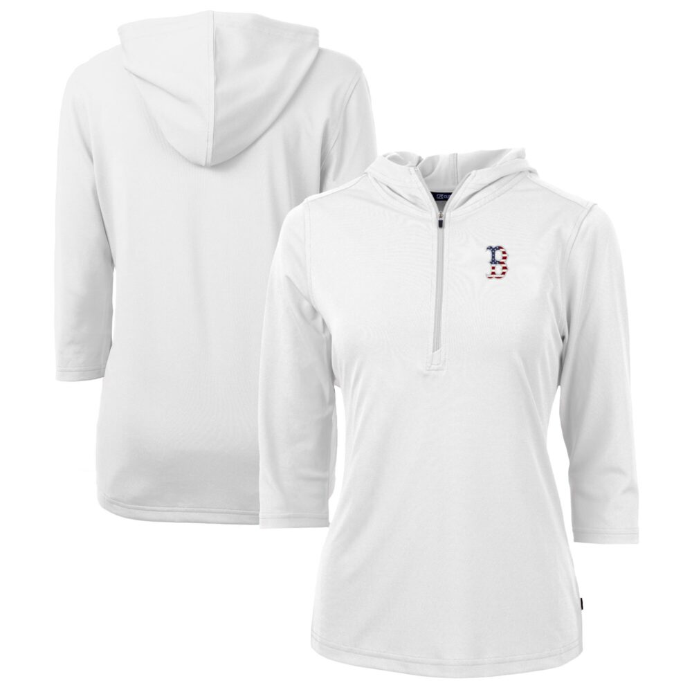 Women's Boston Red Sox Cutter & Buck White Americana Logo DryTec Virtue Eco Pique Recycled Half-Zip Pullover Hoodie