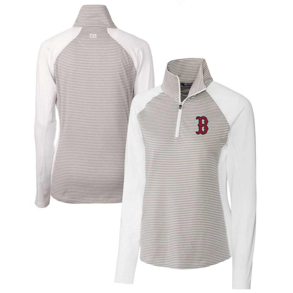 Women's Boston Red Sox  Cutter & Buck White DryTec Forge Tonal Stripe Half-Zip Top