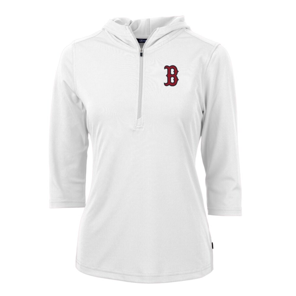 Women's Boston Red Sox Cutter & Buck White Virtue Eco Pique 3/4 Sleeve Half-Zip Pullover Hoodie