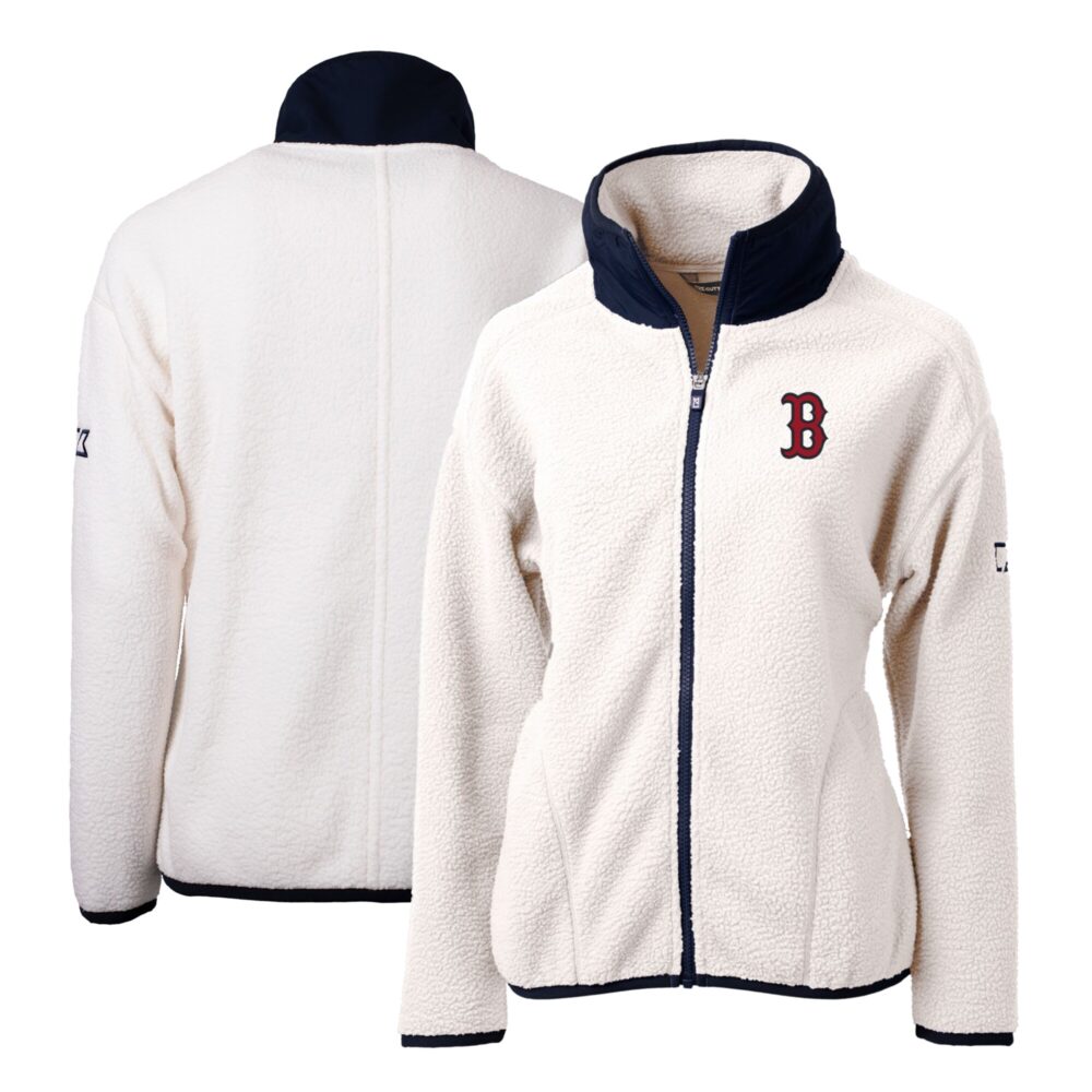 Women's Boston Red Sox Cutter & Buck White/Navy Cascade Eco Sherpa Fleece Full-Zip Jacket