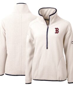 Women's Boston Red Sox Cutter & Buck White/Navy Cascade Eco Sherpa Fleece Quarter-Zip Pullover Jacket