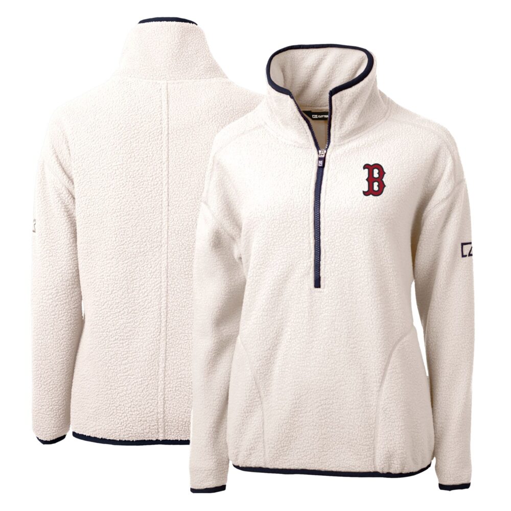 Women's Boston Red Sox Cutter & Buck White/Navy Cascade Eco Sherpa Fleece Quarter-Zip Pullover Jacket