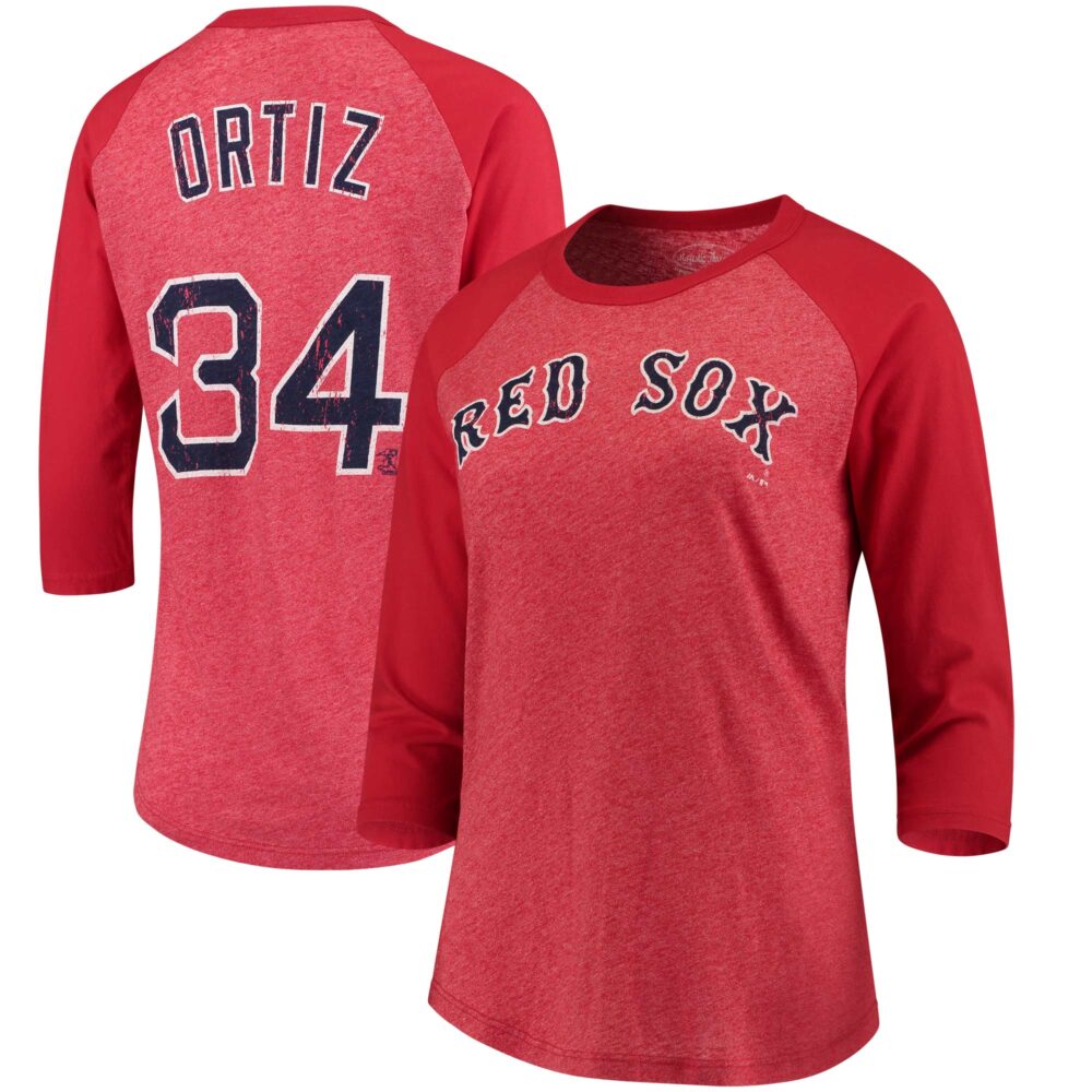 Women's Boston Red Sox David Ortiz Majestic Threads Red Name & Number Tri-Blend Three-Quarter Length Raglan T-Shirt
