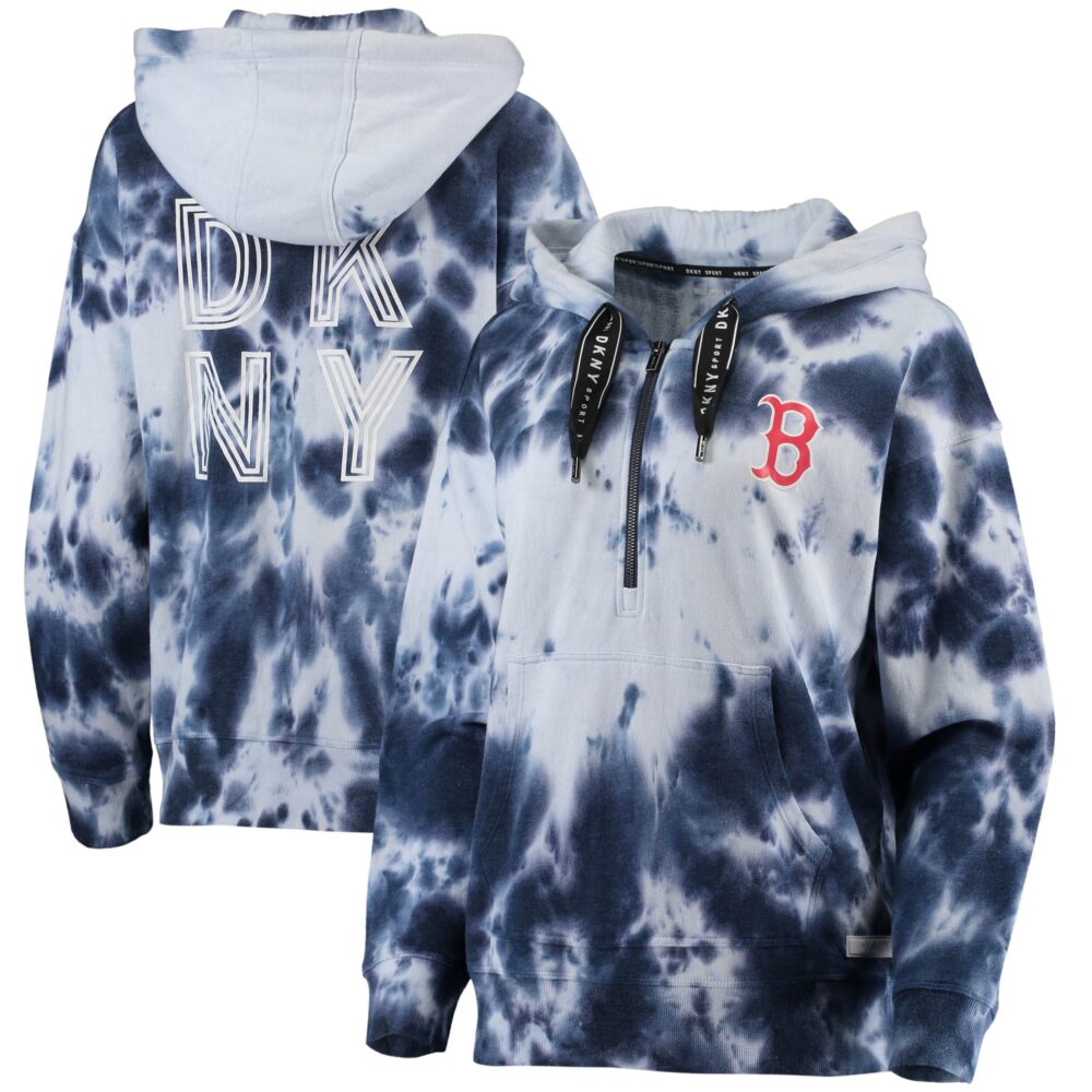 Women's Boston Red Sox DKNY Sport White/Navy Dakota Tie-Dye Half-Zip Hoodie