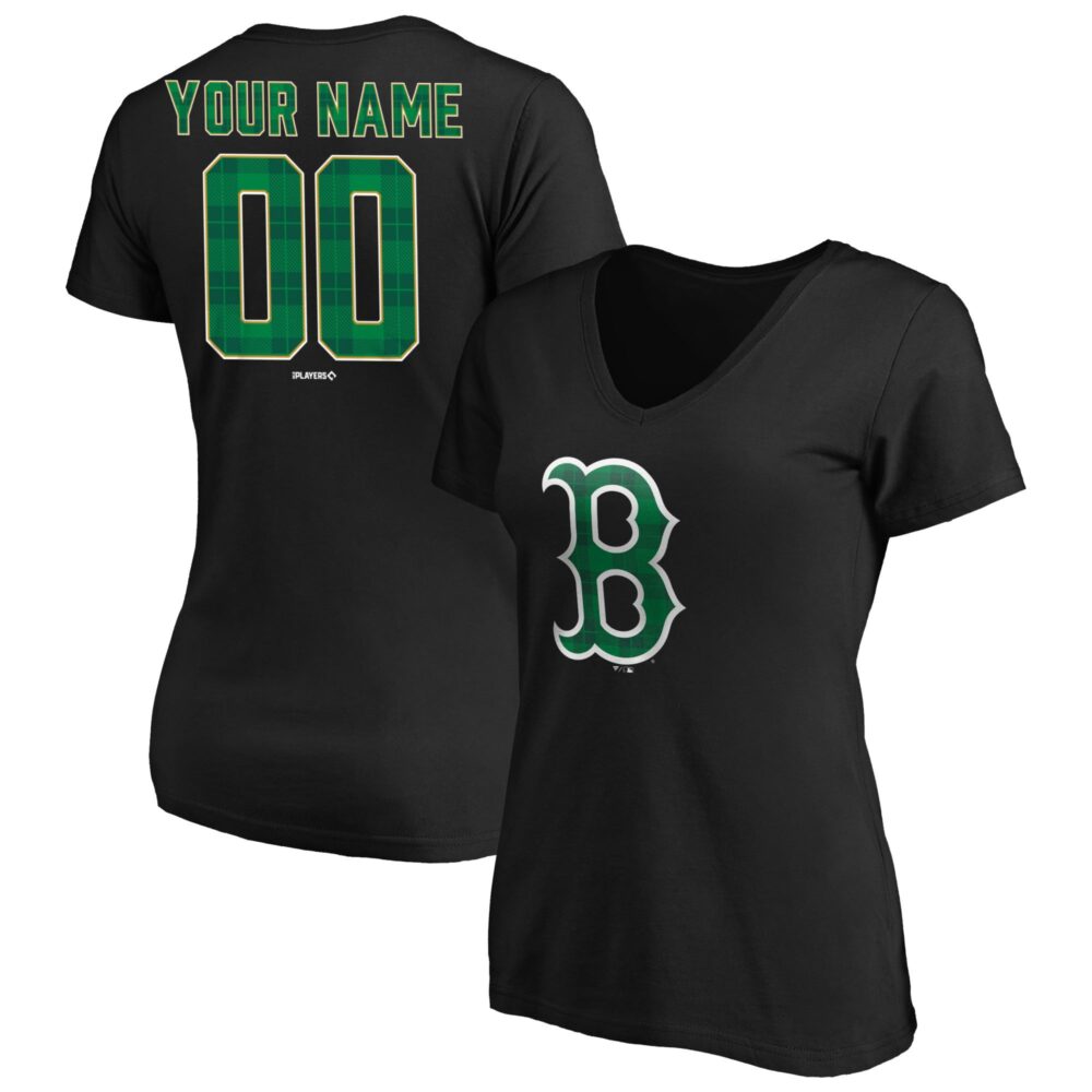 Women's Boston Red Sox  Branded Black Emerald Plaid Personalized Name & Number V-Neck T-Shirt