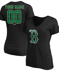Women's Boston Red Sox  Branded Black Emerald Plaid Personalized Name & Number V-Neck T-Shirt
