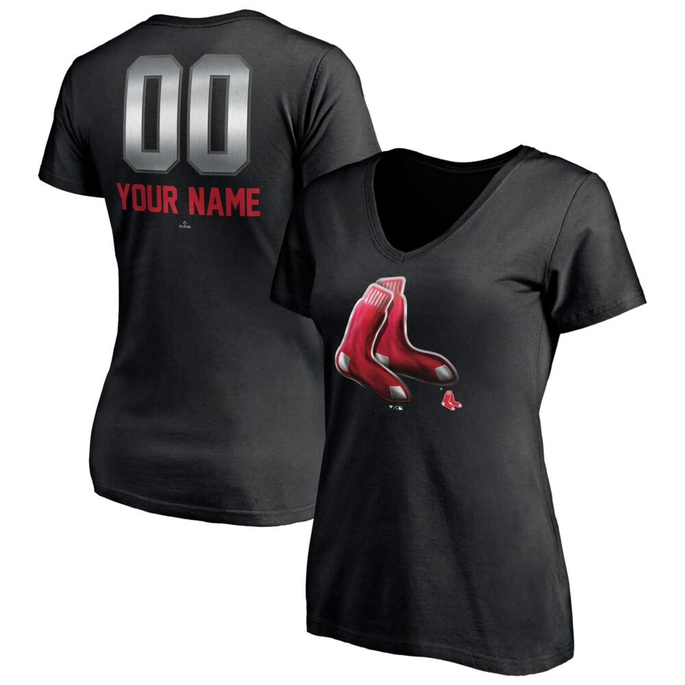 Women's Boston Red Sox  Branded Black Personalized Any Name & Number Midnight Mascot V-Neck T-Shirt