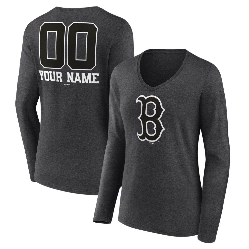 Women's Boston Red Sox  Branded Charcoal Personalized Monochrome Name & Number Long Sleeve V-Neck T-Shirt