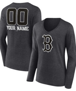 Women's Boston Red Sox  Branded Charcoal Personalized Monochrome Name & Number Long Sleeve V-Neck T-Shirt