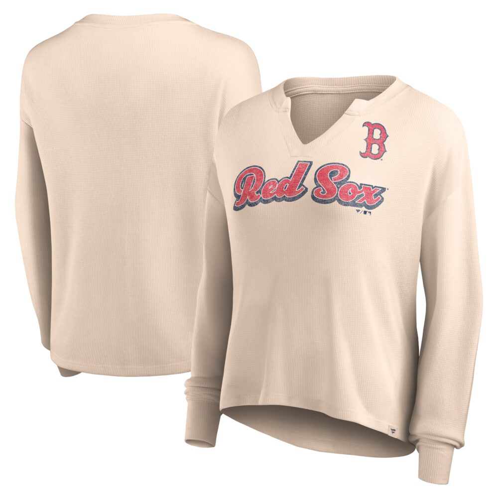 Women's Boston Red Sox  Branded Cream Go For It Waffle Knit Long Sleeve Notch Neck T-Shirt