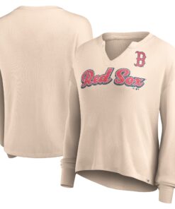 Women's Boston Red Sox  Branded Cream Go For It Waffle Knit Long Sleeve Notch Neck T-Shirt