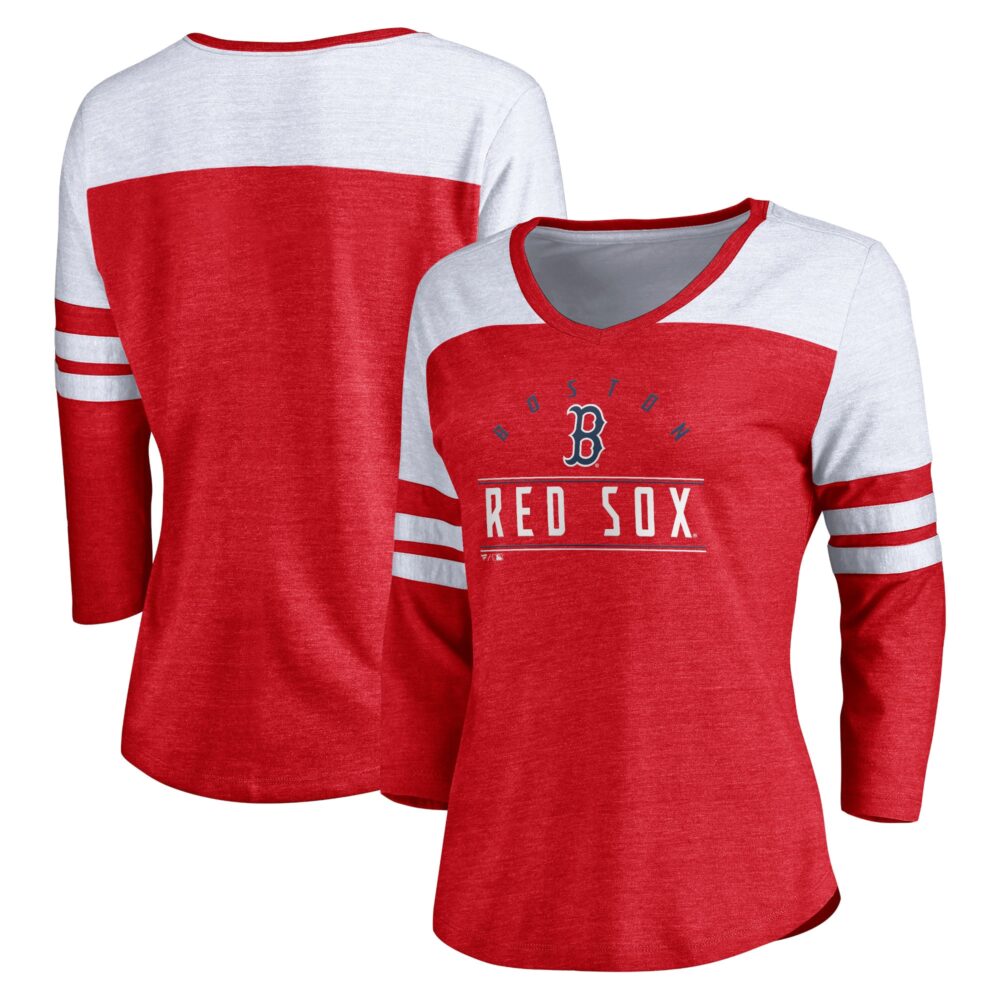 Women's Boston Red Sox  Branded Heather Red League Leader Tri-Blend 3/4-Sleeve V-Neck T-Shirt