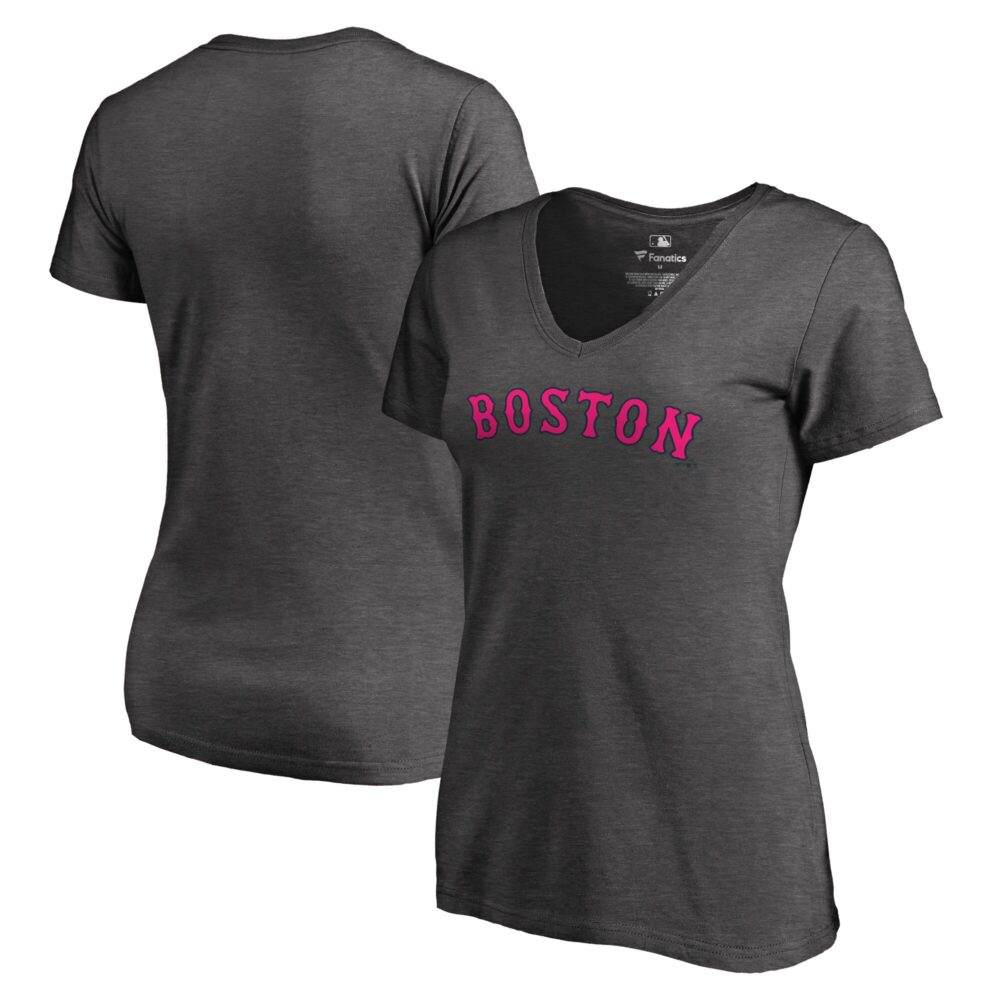 Women's Boston Red Sox  Branded Heathered Gray Pink Wordmark V-Neck T-Shirt