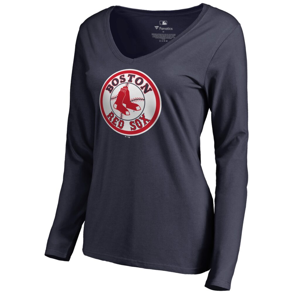 Women's Boston Red Sox  Branded Navy Cooperstown Collection Forbes Long Sleeve V-Neck T-Shirt