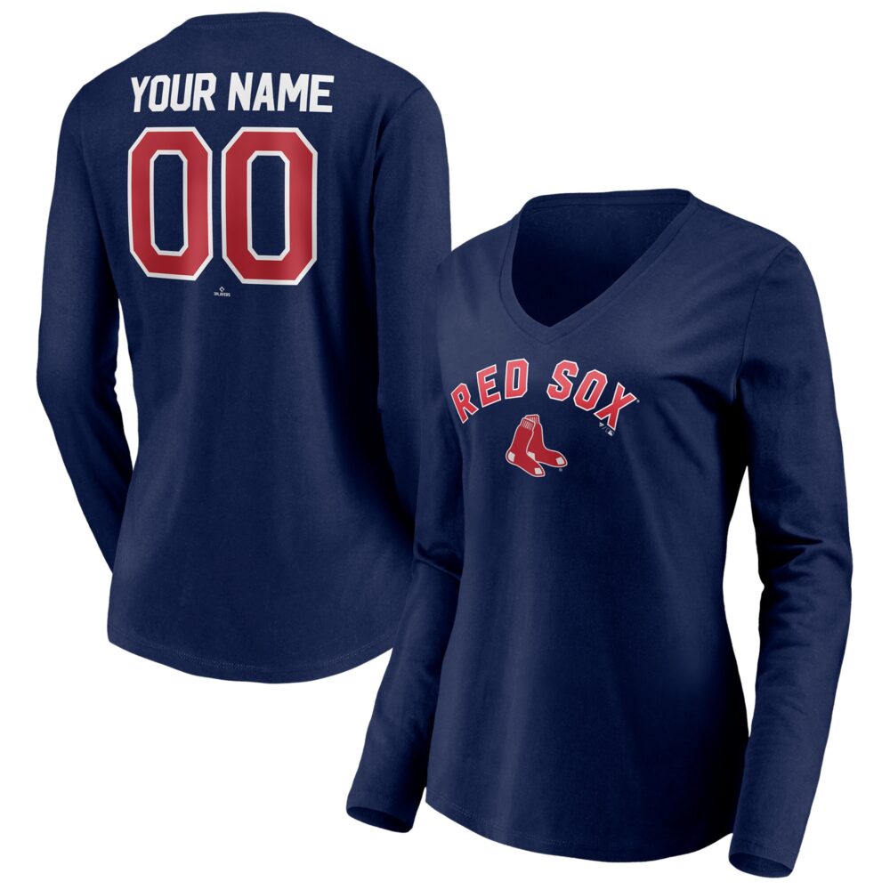 Women's Boston Red Sox  Branded Navy Personalized Winning Streak Name & Number Long Sleeve V-Neck T-Shirt
