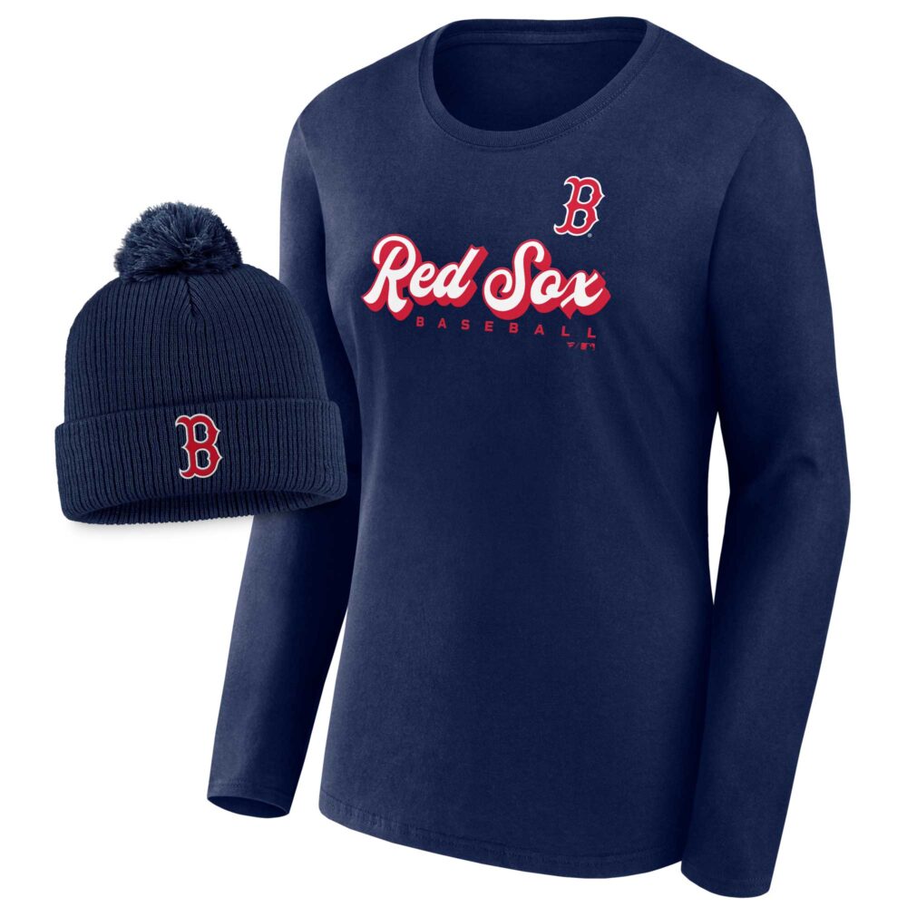 Women's Boston Red Sox  Branded Navy Run The Bases Long Sleeve T-Shirt & Cuffed Knit Hat with Pom Combo Set