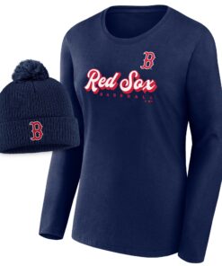Women's Boston Red Sox  Branded Navy Run The Bases Long Sleeve T-Shirt & Cuffed Knit Hat with Pom Combo Set